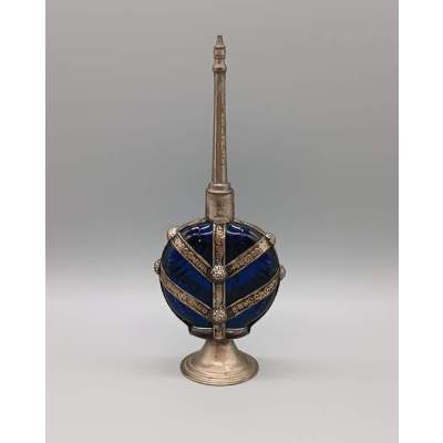 Ancien Diffuseur de Parfum Bleu Verre et Métal Vintage