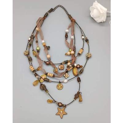 Collier Marron Perles Métal Tissu Vintage