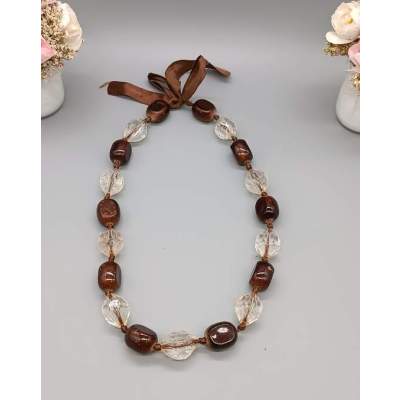 Collier grosses perles marron et tissu Vintage
