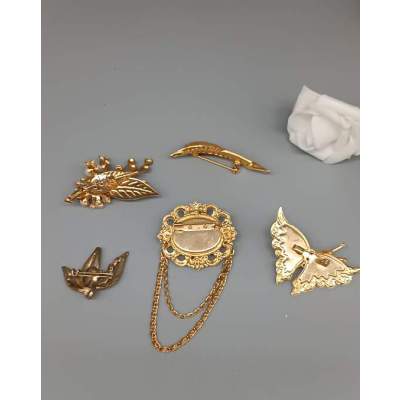 Lot de 5 Broches Chics et Dorées Vintage