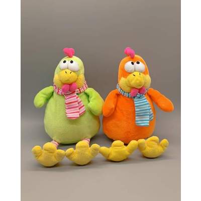 Peluches Doudous Poules/Coqs Orange et Vert Fizzy