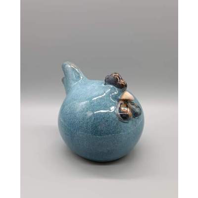 Poule Décorative en Céramique Bleue Émaillée