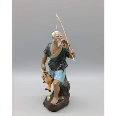 Statuette Pêcheur Asiatique Shiwan Mudman
