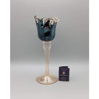 MURANO Photophore sur Pied en Verre Noir Bleuté