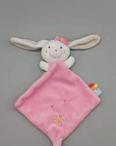 Doudou Plat Lapin rose et Blanc Papillon Sucre d’orge   
