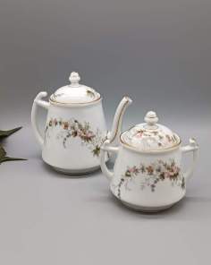 Théière et Sucrier en Porcelaine à Motifs Floraux Art Déco