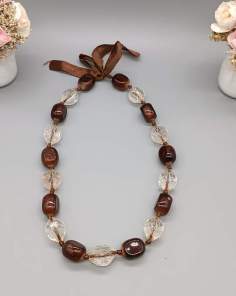 Collier grosses perles marron et tissu Vintage