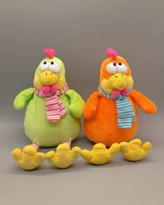 Peluches Doudous Poules/Coqs Orange et Vert Fizzy
