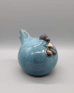 Poule Décorative en Céramique Bleue Émaillée
