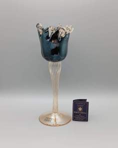 MURANO Photophore sur Pied en Verre Noir Bleuté